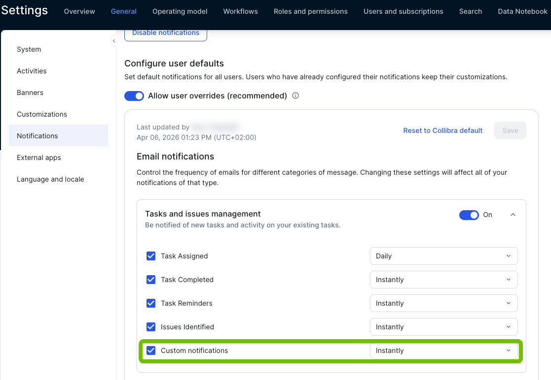The Custom Notifications section in a user's notification settings showing per-channel toggles for UI, email, Slack, and Microsoft Teams.