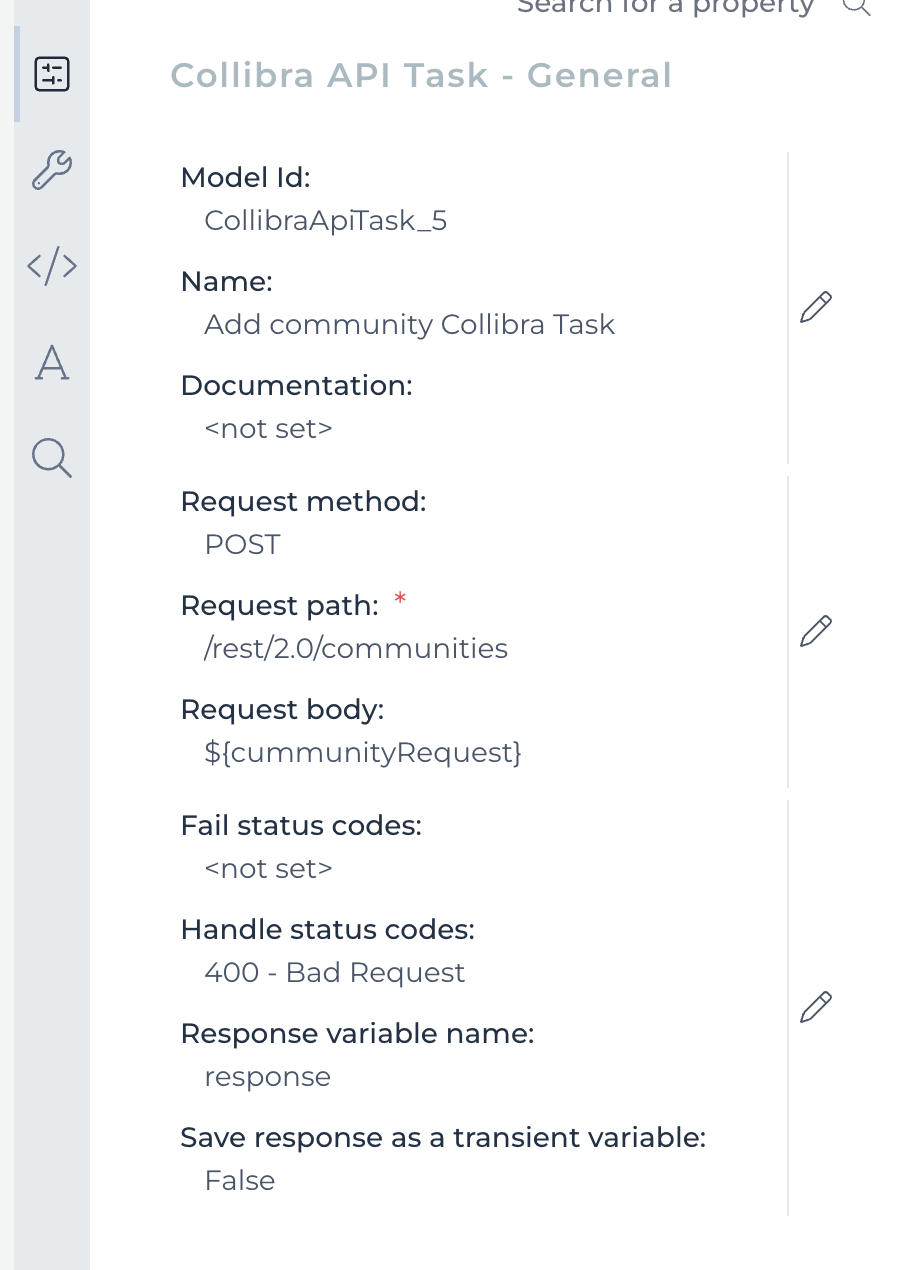 The properties of a Collibra API Task that creates a community