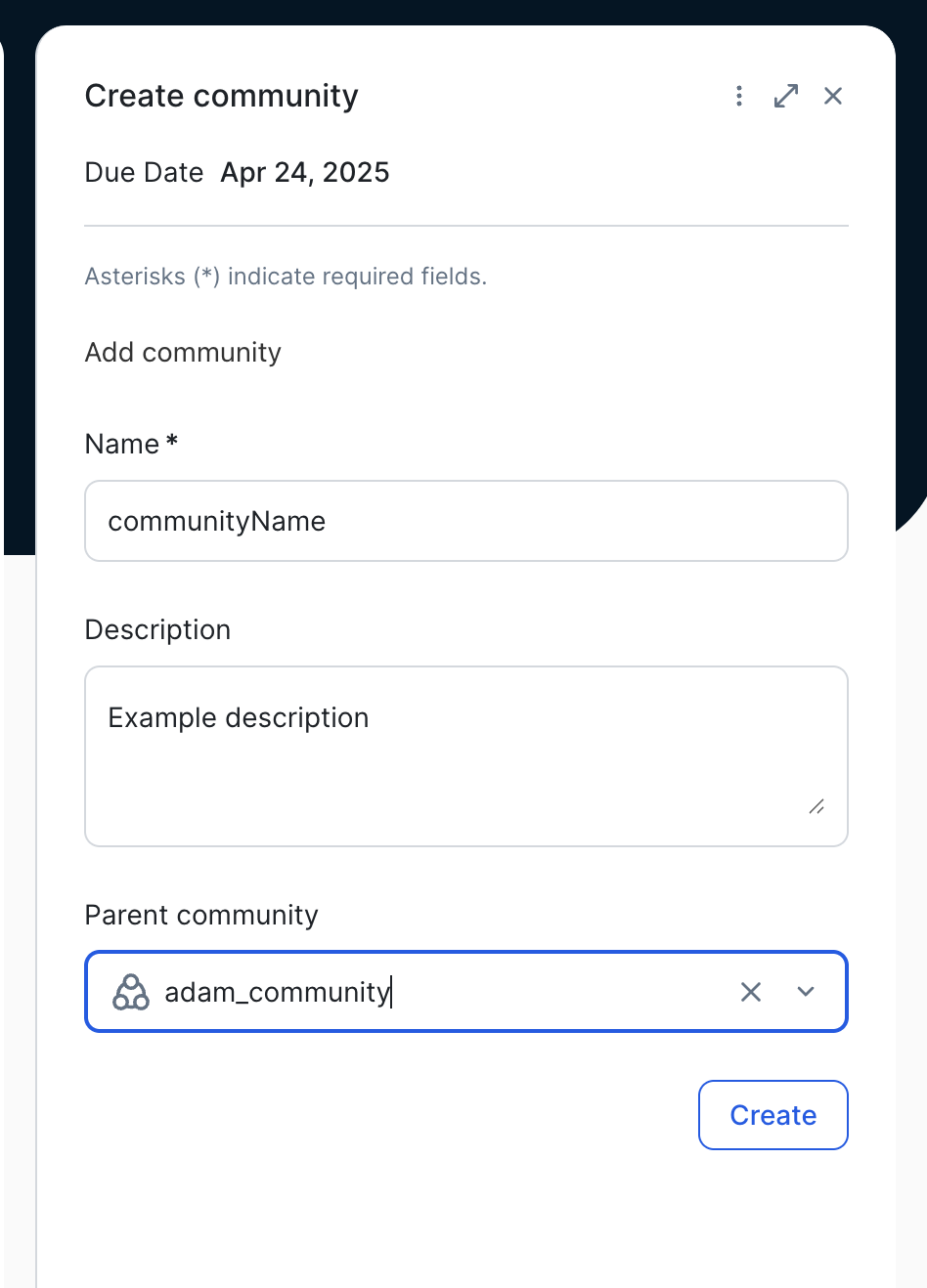 A user task that collects information to create a community in a Collibra API Task workflow
