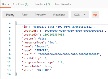 The import API response showing the job ID and status.